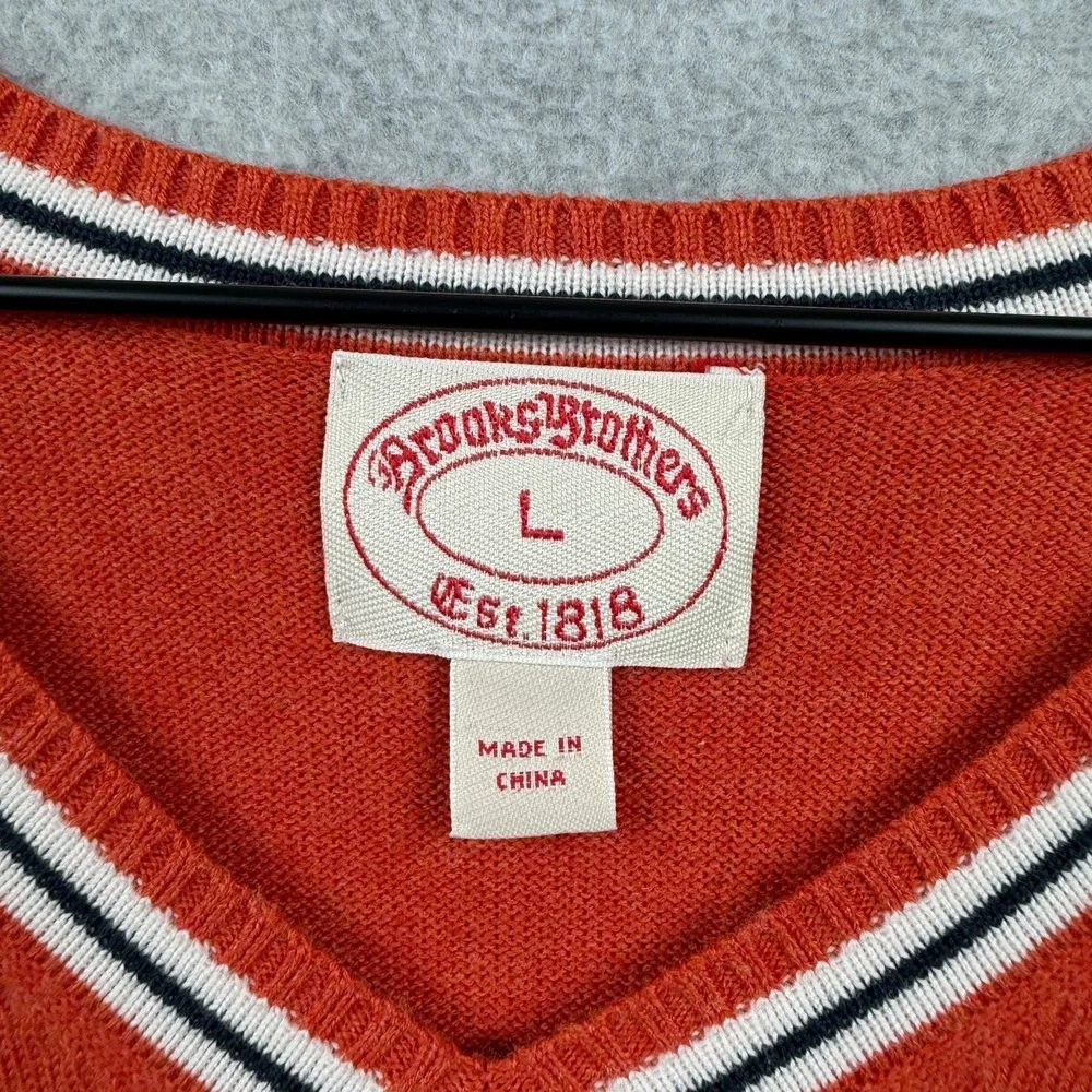 Brooks Brothers Sweater Mens Large Orange V-Neck Tipped Wool Blend Preppy